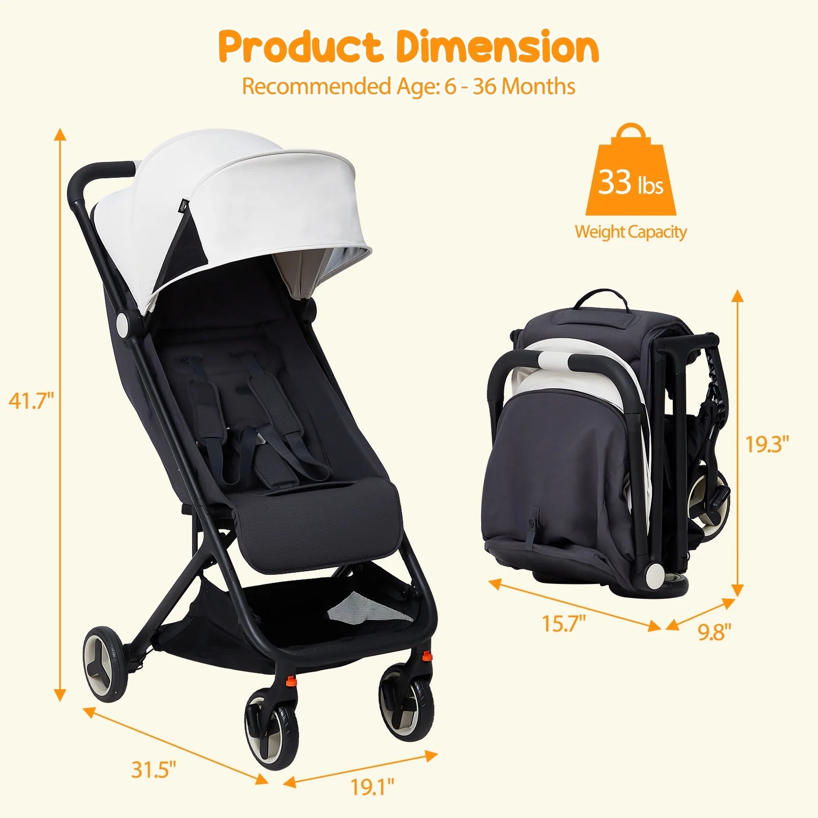 Lightweight Stroller, Compact One-Hand Fold Travel Stroller for Airplane Friendly, Reclining Seat and Canopy