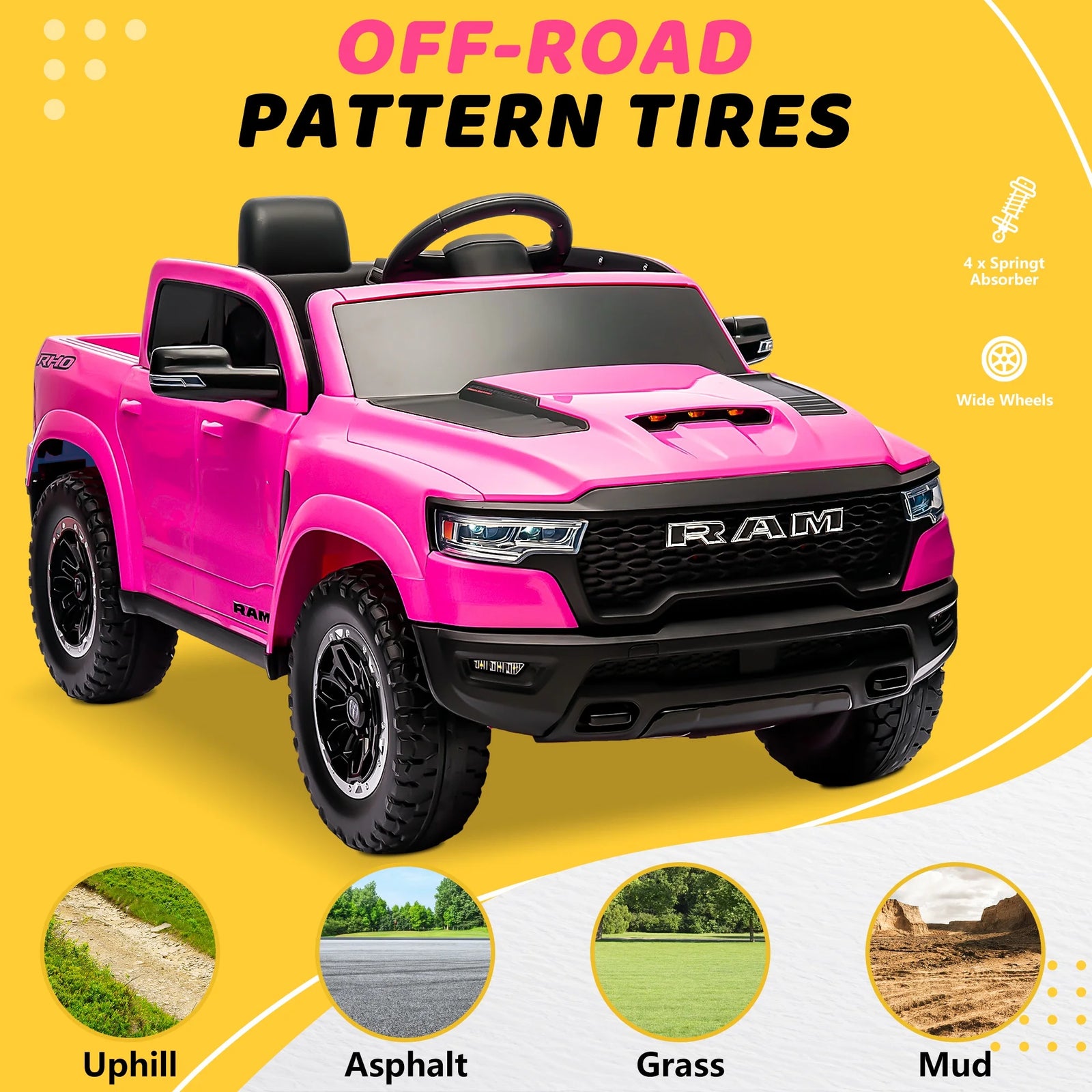 RAM Ride on Car, 12V Powered Ride on Toy with Remote Control, 4 Wheel Suspension, 5 Point Safety Belt, MP3 Player, Bluetooth, LED Lights, Electric Cars for 3-8 Years Boys Girls