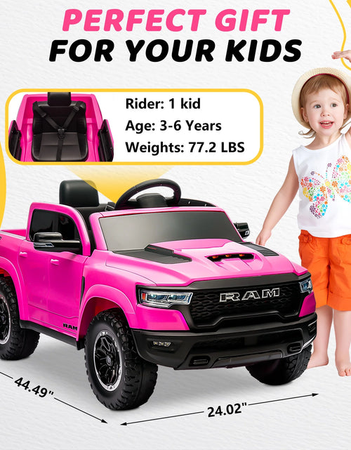 Load image into Gallery viewer, RAM Ride on Car, 12V Powered Ride on Toy with Remote Control, 4 Wheel Suspension, 5 Point Safety Belt, MP3 Player, Bluetooth, LED Lights, Electric Cars for 3-8 Years Boys Girls
