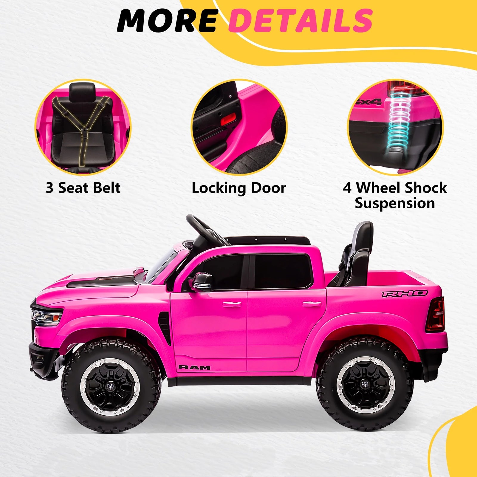 RAM Ride on Car, 12V Powered Ride on Toy with Remote Control, 4 Wheel Suspension, 5 Point Safety Belt, MP3 Player, Bluetooth, LED Lights, Electric Cars for 3-8 Years Boys Girls