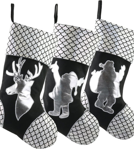 18'' Luxury Gold Christmas Stockings Shiny Bag for Kids, Family, Set of 3,Santa, Snowman, Reindeer