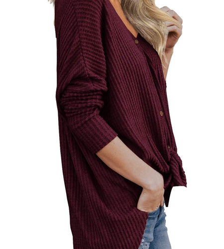 Womens Loose Blouse Long Sleeve V Neck Button down T Shirts Tie Front Knot Casual Tops Wine Red L
