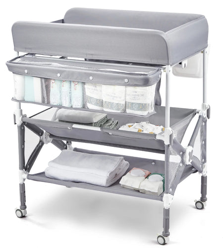 Portable Baby Changing Table with Wheels,Adjustable Height ,Foldable Diaper Change Table with Cleaning Bucket , Nursery Organizer & 2 Tier Storage Rack, Infant Newborn Mobile Nursery Organizer