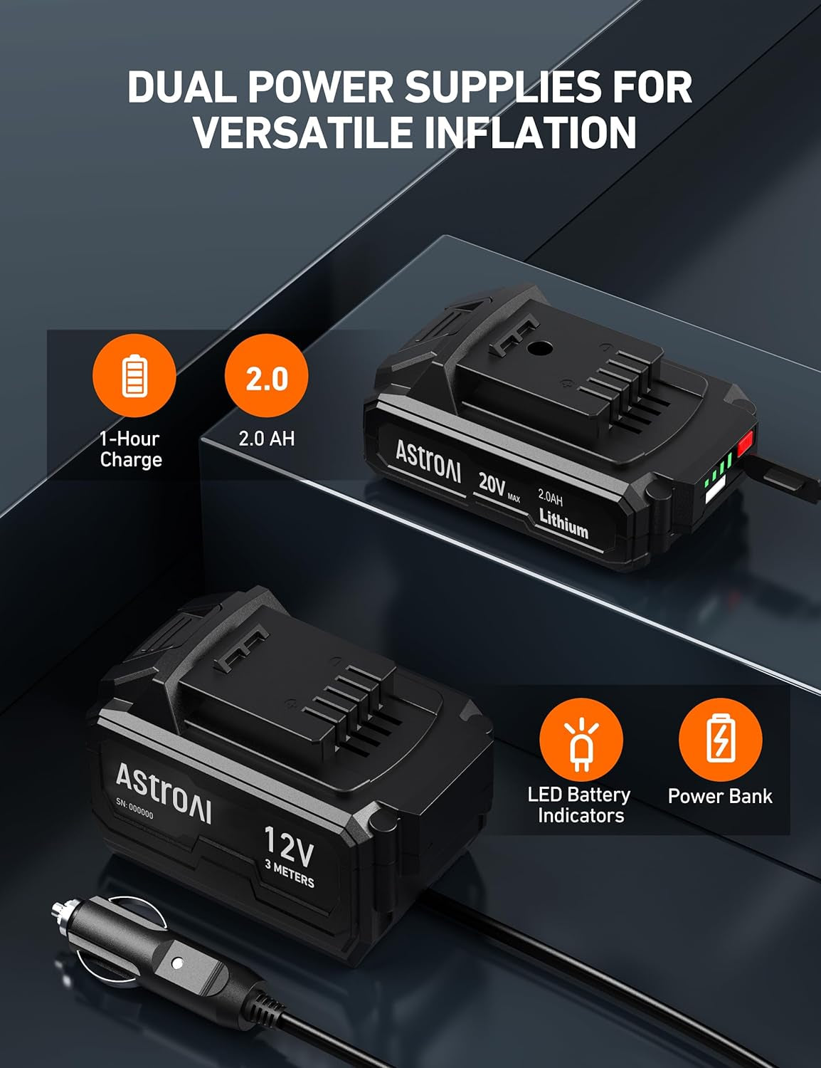 Cordless Tire Inflator Air Compressor 20V Rechargeable Battery Powered 160PSI Portable Handheld Air Pump with 12V Car Power Adapter Digital Pressure Gauge for Cars Motorcycles JY16P160-18（C2）