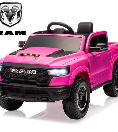 RAM Ride on Car, 12V Powered Ride on Toy with Remote Control, 4 Wheel Suspension, 5 Point Safety Belt, MP3 Player, Bluetooth, LED Lights, Electric Cars for 3-8 Years Boys Girls